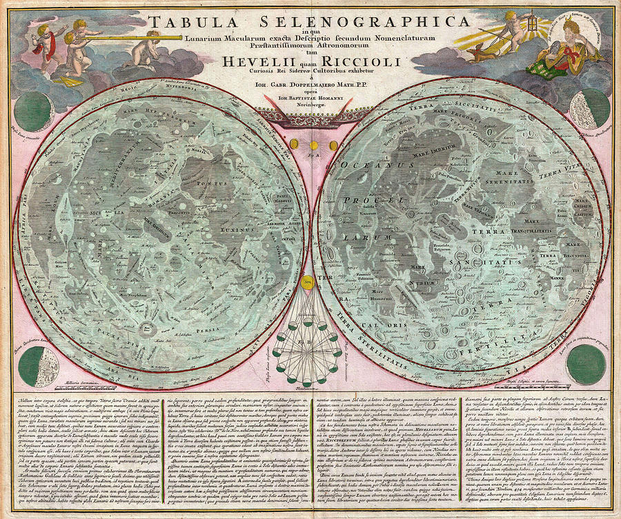 Map Of The Moon-geographicus-tabula Selenographica Moon Doppelmayr 1707 Mixed Media by Vintage Lavoie