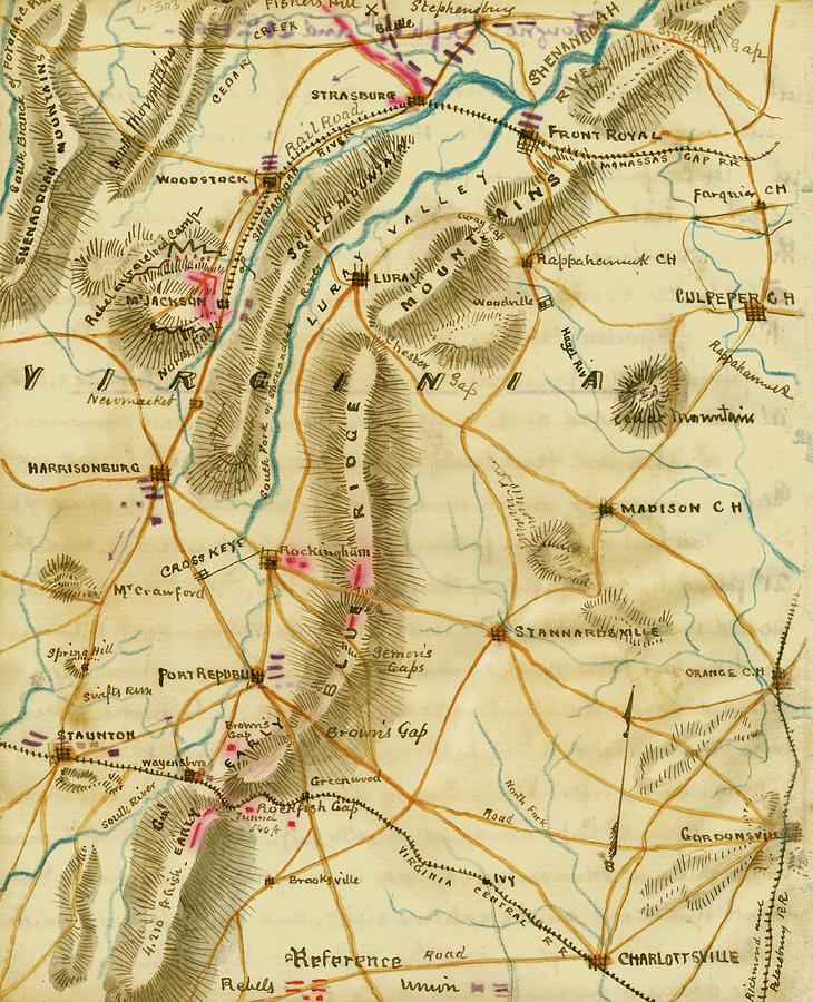 Map of the Shenandoah Valley Campaign, 1864 Painting by Robert Knox Sneden