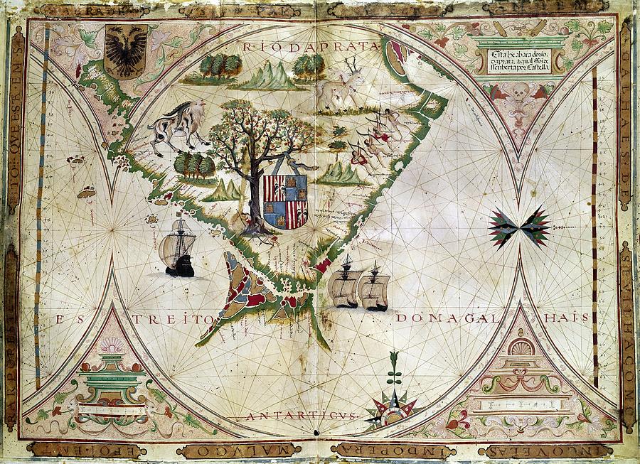 Map Of The Strait Of Magellan - Fol 7 - Cartography - Atlas 1568. Drawing by Fernao Vaz Dourado -1520-1580-