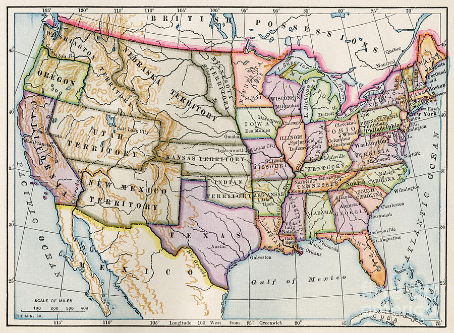 Vintage Drawing - Map Of The United States Of America In 1860 Description Of Territories At The Beginning Of The Civil War Or Secession War (1861-1865) Color Lithography by American School