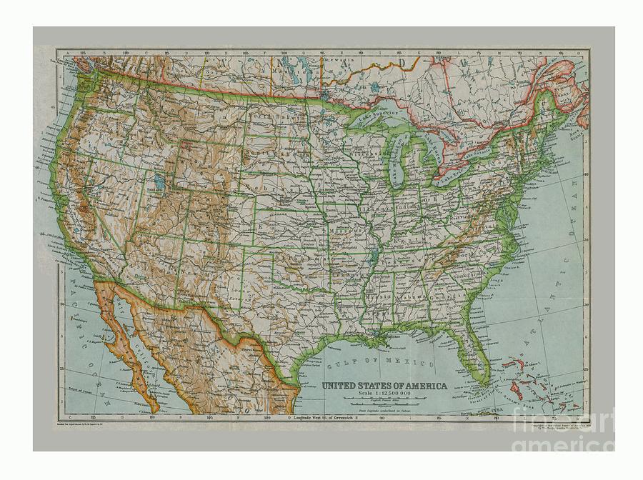 Map Of The United States Of America Drawing by Print Collector