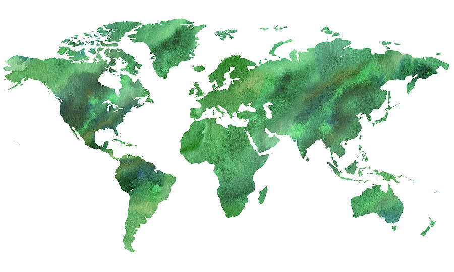 Map Of The World in Green Watercolor Painting by Irina