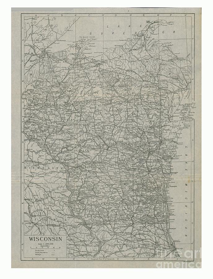 Map Of Wisconsin Drawing by Print Collector Map Of Wisconsin Drawing by Print Collector