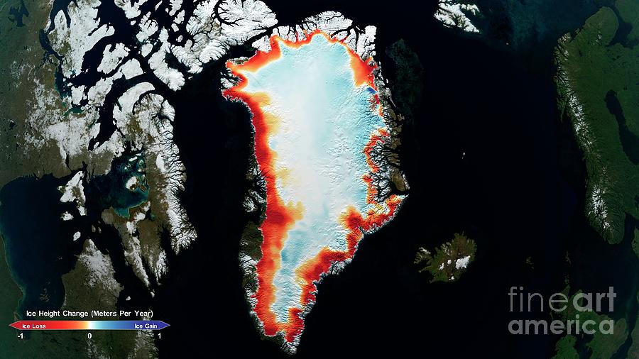 Map Showing Changes In Land Ice Thickness In Greenland Photograph by Nasas Scientific Visualization Studio/science Photo Library