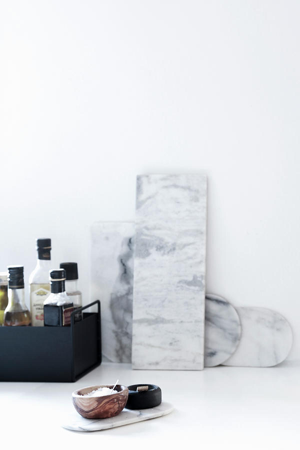 Marble Boards And Condiments In Black Metal Box Photograph by Annette Nordstrom