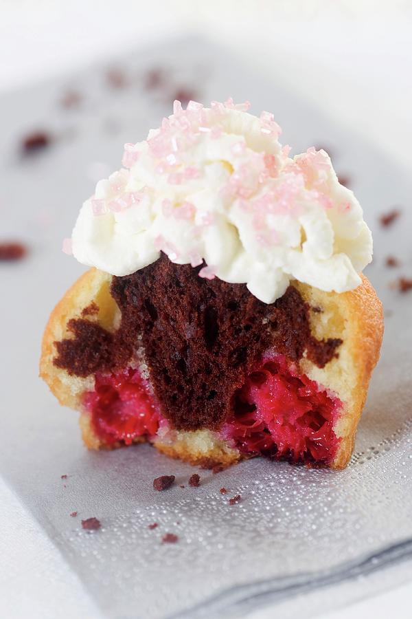 Marble Cupcake With Raspberries And Icing Photograph by Besancon, Lydie