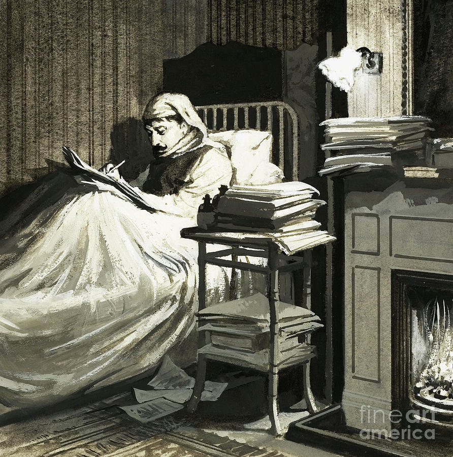 Portrait Painting - Marcel Proust sat in bed writing Remembrance of Things Past by English School