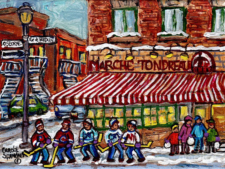 Marche Tondreau Rue De Verdun And Osborne Winter Scene Painting Montreal Hockey Art C Spandau Artist Painting by Carole Spandau