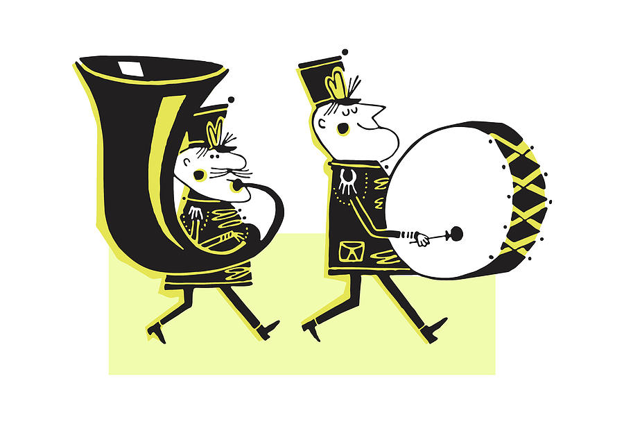 Music Drawing - Marching Band with Tuba Player and Bass Drummer by CSA Images