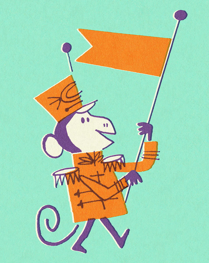Vintage Drawing - Marching Monkey Holding Flag by CSA Images