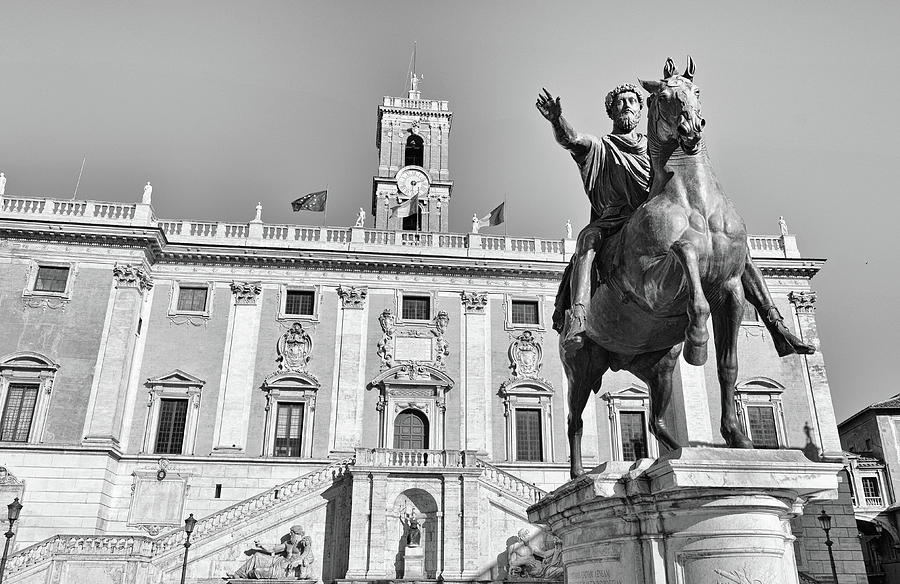 Marcus Aurelius Equestrian Statue in Piazza del Campidoglio Capitoline Museum Rome Italy Black and W Photograph by Shawn OBrien