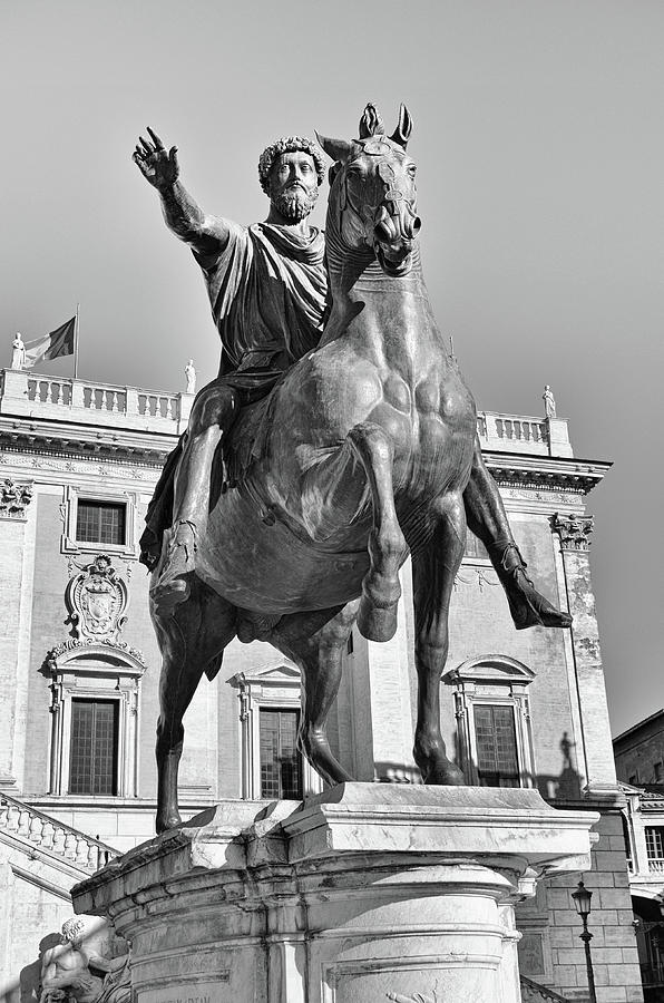 Marcus Aurelius Equestrian Statue Portrait in Piazza del Campidoglio Capitoline Museum Rome Italy BW Photograph by Shawn OBrien