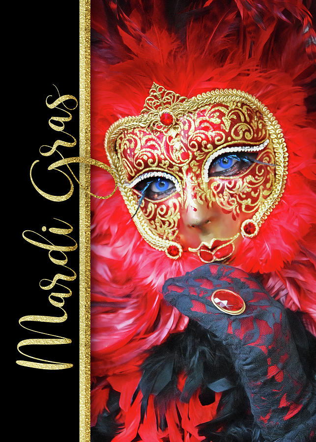 Mardi Gras Carnival Mask with Red Feathers and Faux Gold Leaf Digital Art by Doreen Erhardt