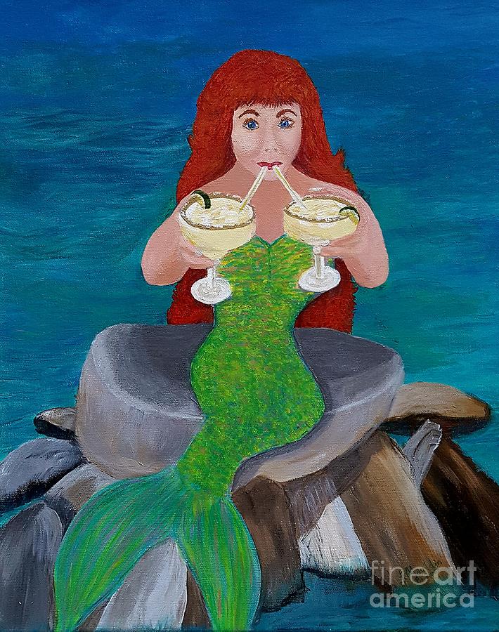 Margaritas on the Rocks Mermaid Painting by Elizabeth Mauldin
