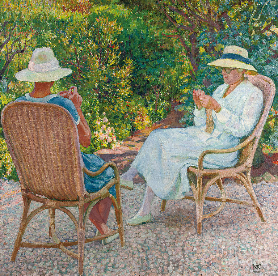 Maria And Elisabeth Van Rysselberghe Knitting In The Garden, C.1912 Painting by Theo Van Rysselberghe