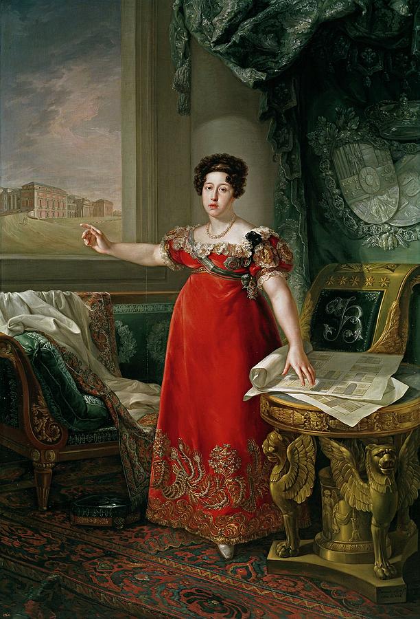 Maria Isabel de Braganza, reina de Espana, como fundadora del Museo del ... Painting by Bernardo Lopez Piquer -1799-1874-