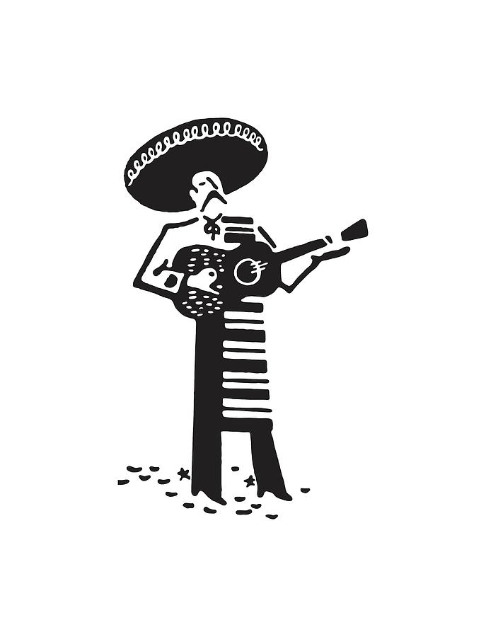 Black And White Drawing - Mariachi Band Guitarist by CSA Images