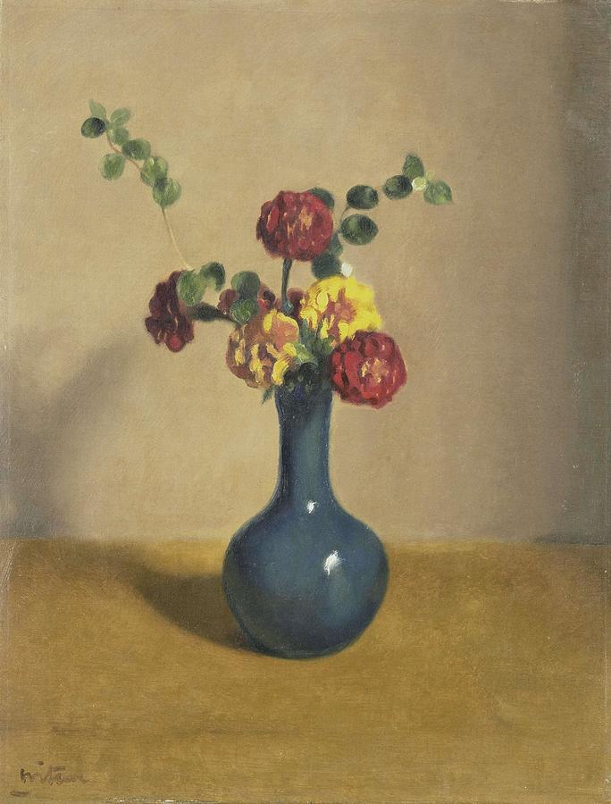 Marigolds in a blue vase. Painting by Willem Witsen