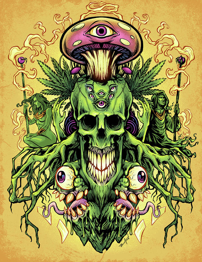 Magic Digital Art - Marijuana Skull And Mushrooms by Flyland Designs