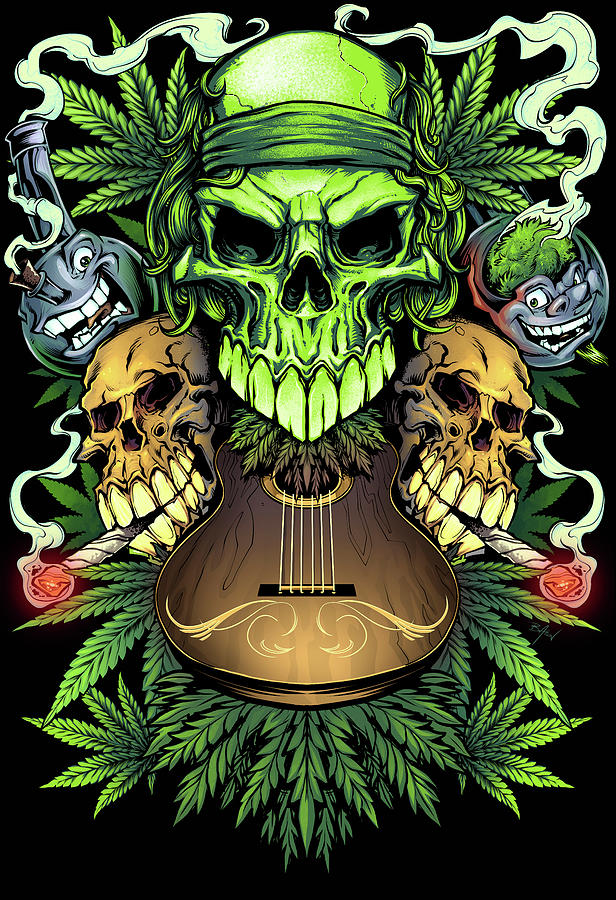 Skull Digital Art - Marijuana Skulls Full Color by Flyland Designs