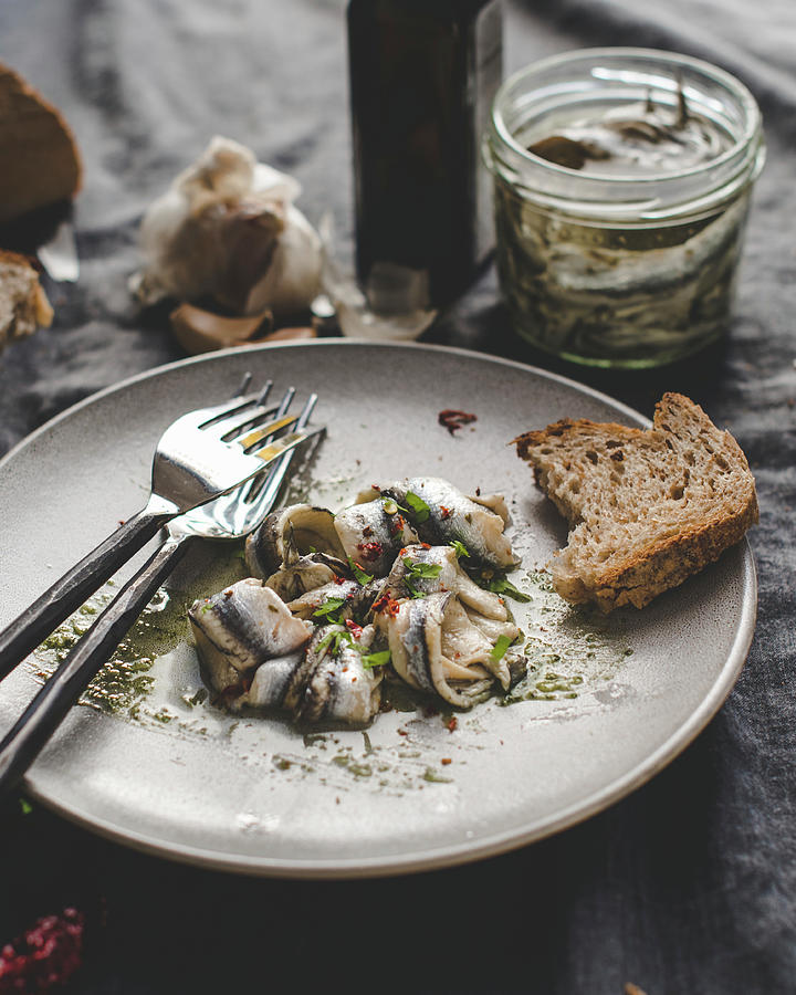 Marinated Anchovies Served In A Plate With Multi Cereal Bread Photograph by Valentina T.