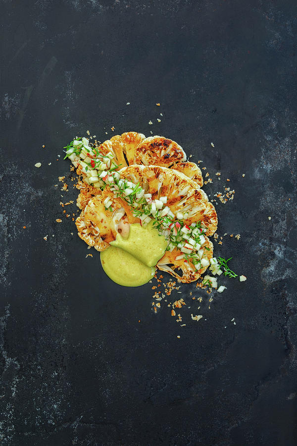 Marinated Grilled Cauliflower With Ajvar And Coconut Yoghurt And Apple Salsa vegan Photograph by Jan Wischnewski