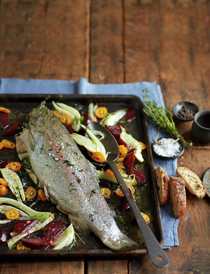 Marinated Salmon Trout With Vegetables On A Baking Tray Photograph by Jalag / Julia Hoersch