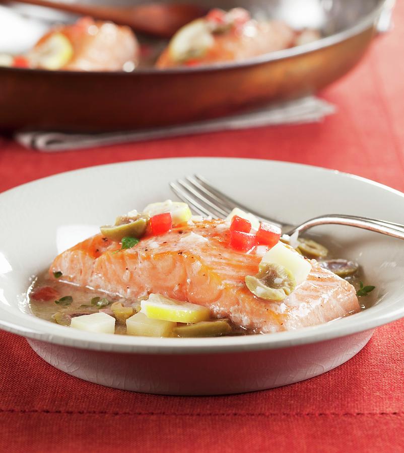 Marinated Salmon With Green Olives, Peppers And Lemon Photograph by