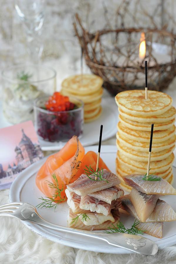 Marinated Smoked Salmon, Smoked Herrings And Blinis, Beetroot Salad, Eel And Vodka For A Russian New Year Photograph by Paquin