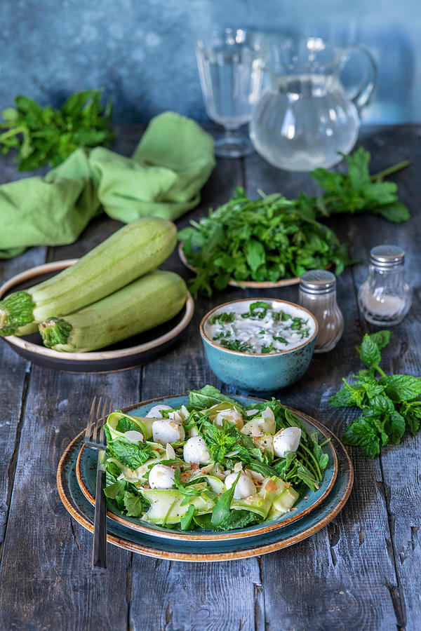 Marinated Zucchini, Mozzarella, Mint And Arugula Salad Photograph by Irina Meliukh