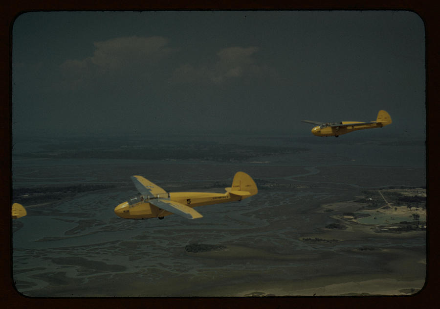 Marine Corps gliders in flight out of Parris Island, S.C. Painting by Palmer, Alfred T