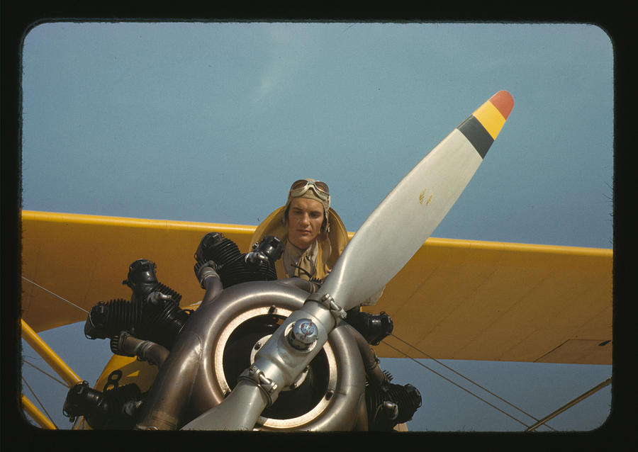 Marine lieutenant Checking Plane Engine Painting by Palmer, Alfred T