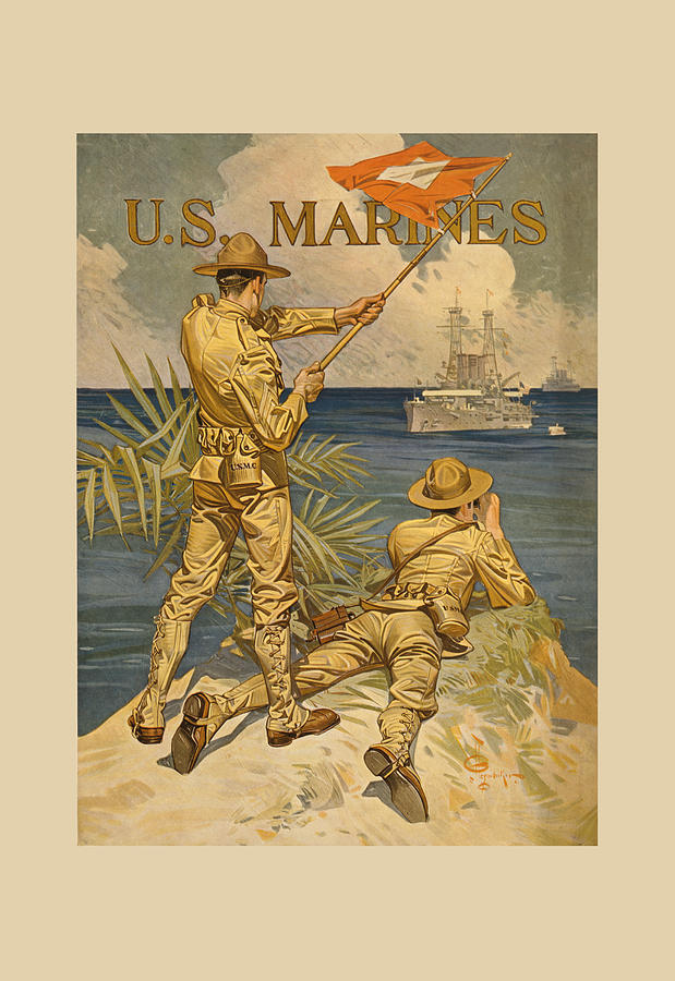 Flag Painting - Marines Signaling from Shore to Ships at Sea by J.C. Leyendecker