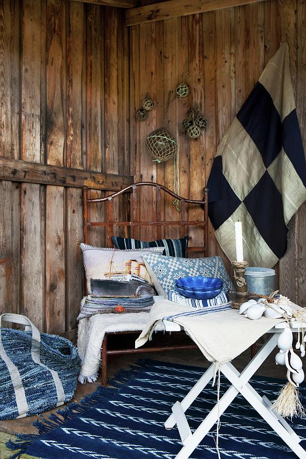Maritime Blue And White Decor In Rustic Terrace Photograph by Annette Nordstrom