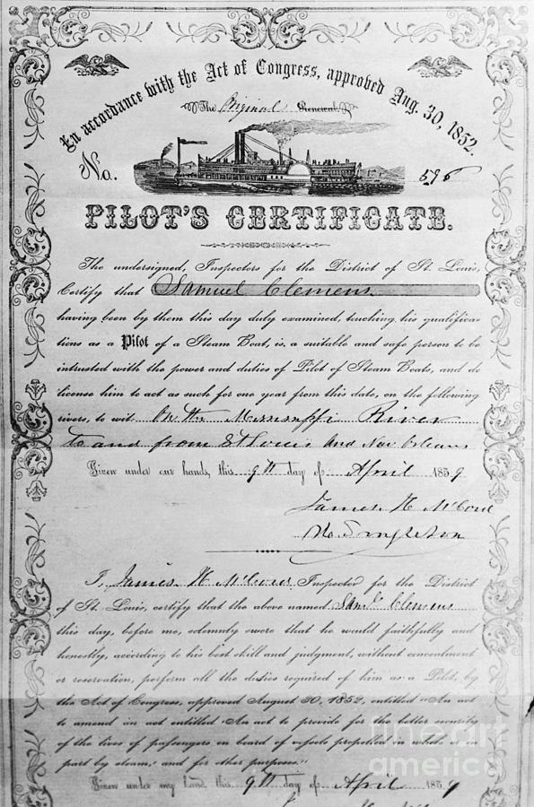 Mark Twains Pilots License Photograph by Bettmann