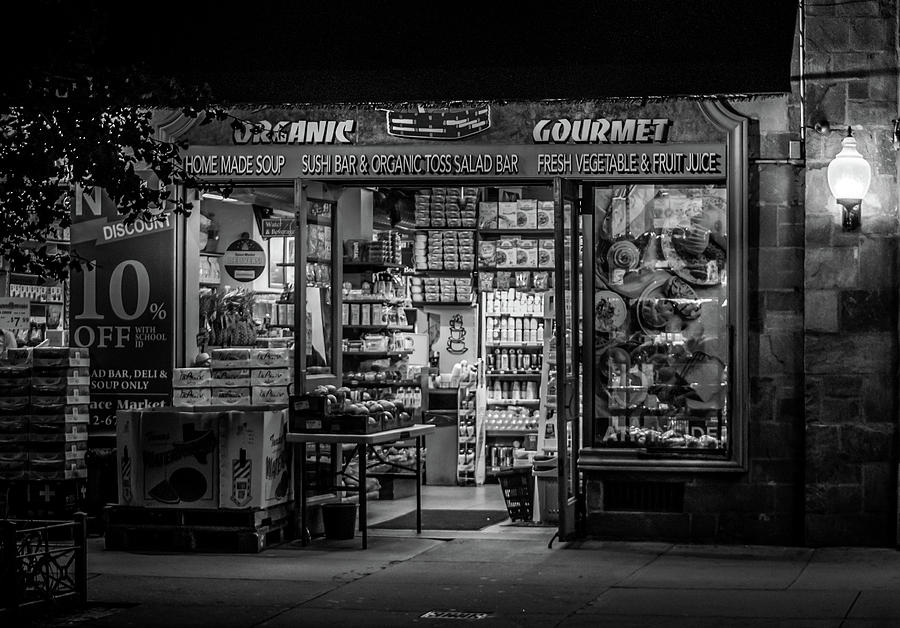 Market At Night In Black and White Photograph by Greg and Chrystal Mimbs