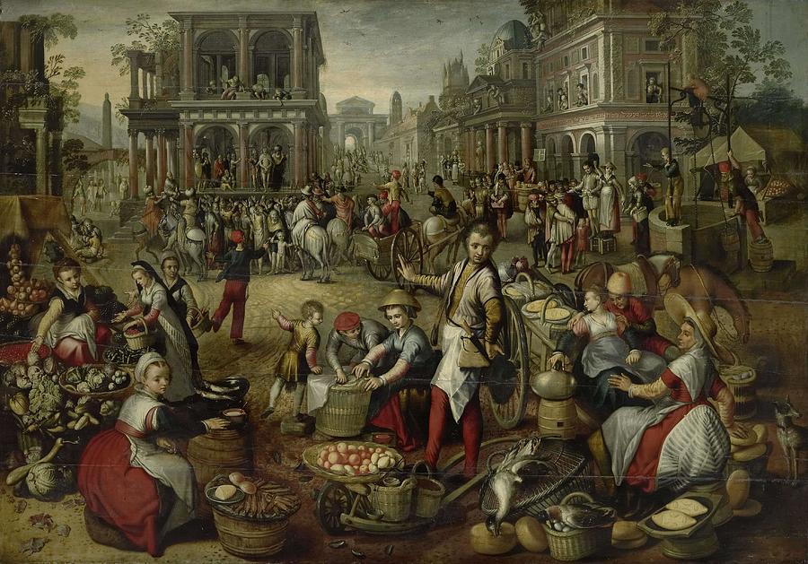 Marketplace, with the Flagellation, the Ecce Homo and the Bearing of the Cross in the background.... Painting by Joachim Bueckelaer -copy after-