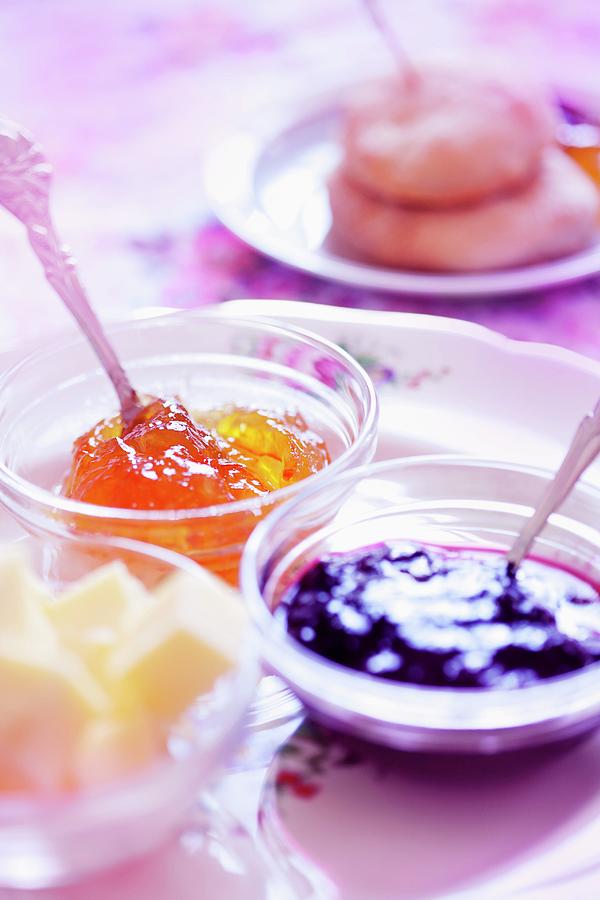 Fruit Photograph - Marmalade, Strawberry Jam And Butter For Teatime by Martin Dyrlv