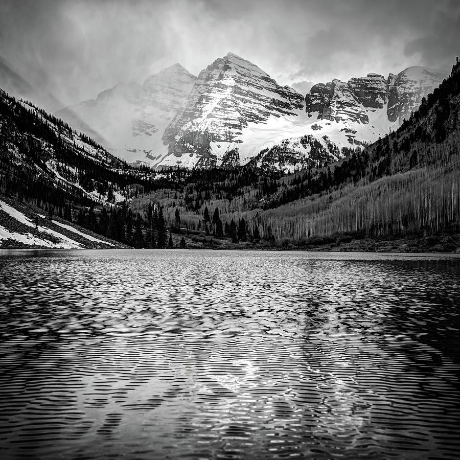 Maroon Bells Black and White 1x1 - Elk Mountain Colorado Landscape Photograph by Gregory Ballos