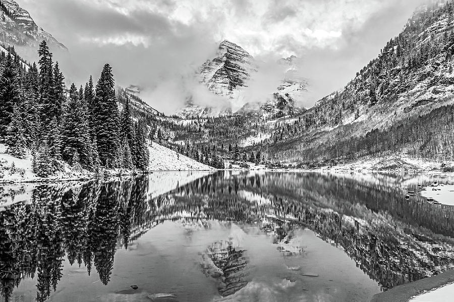 Maroon Bells BW Mountain Reflections - Aspen Colorado Photograph by Gregory Ballos