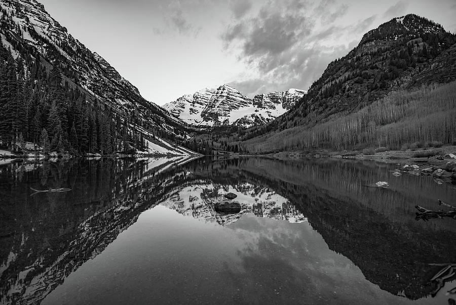 Maroon Bells Mountain Peak Landscape - Black and White Monochrome Photograph by Gregory Ballos