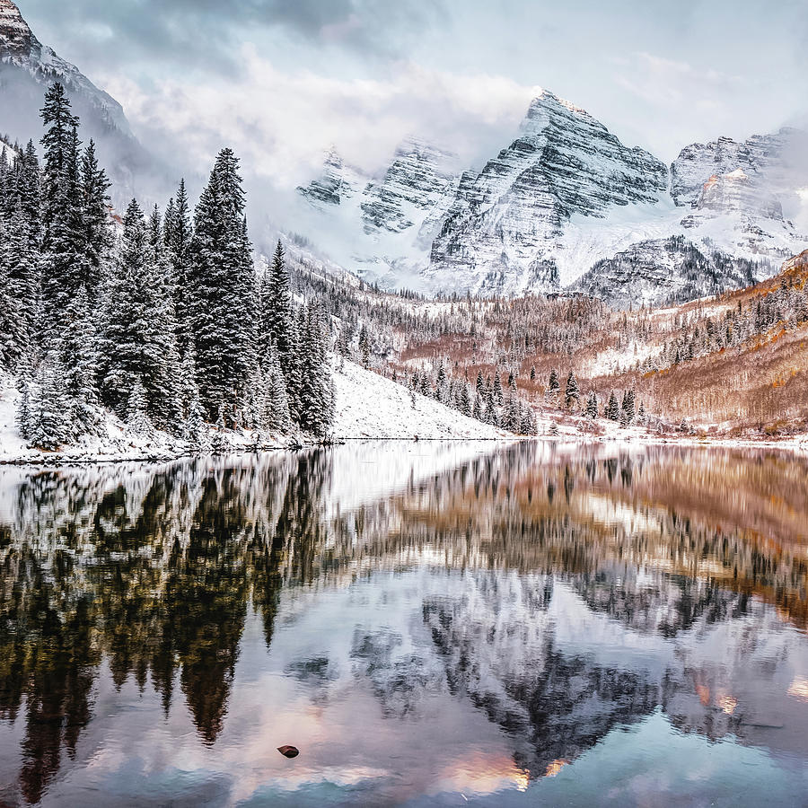 Maroon Bells Mountain Peaks During an Autumn Snow - Colorado Photograph by Gregory Ballos