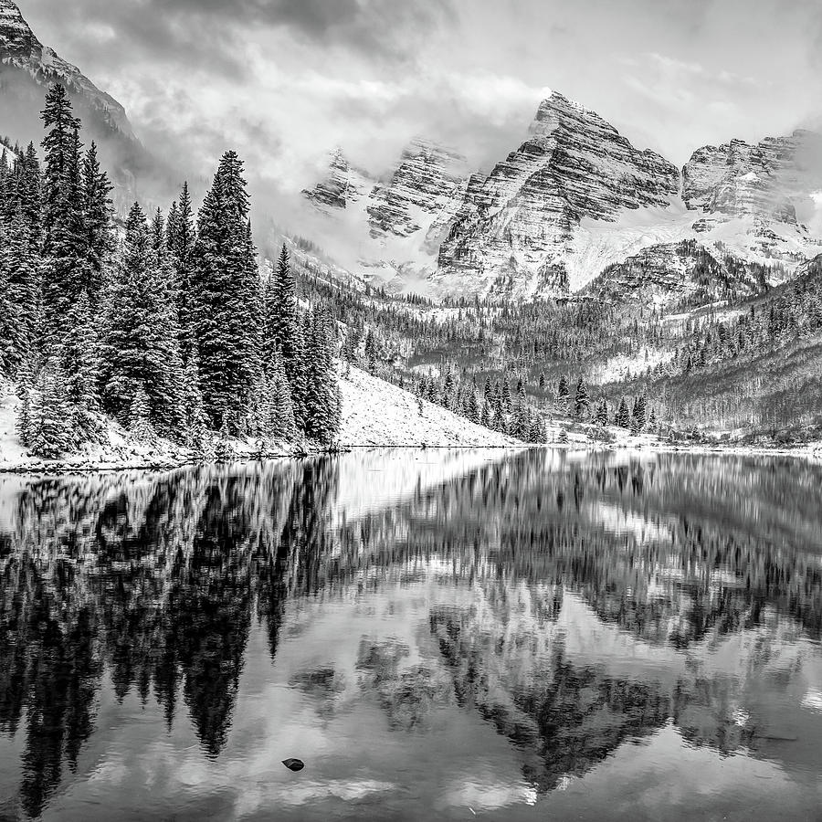 Maroon Bells Mountain Peaks in Black and White - Colorado Photograph by Gregory Ballos