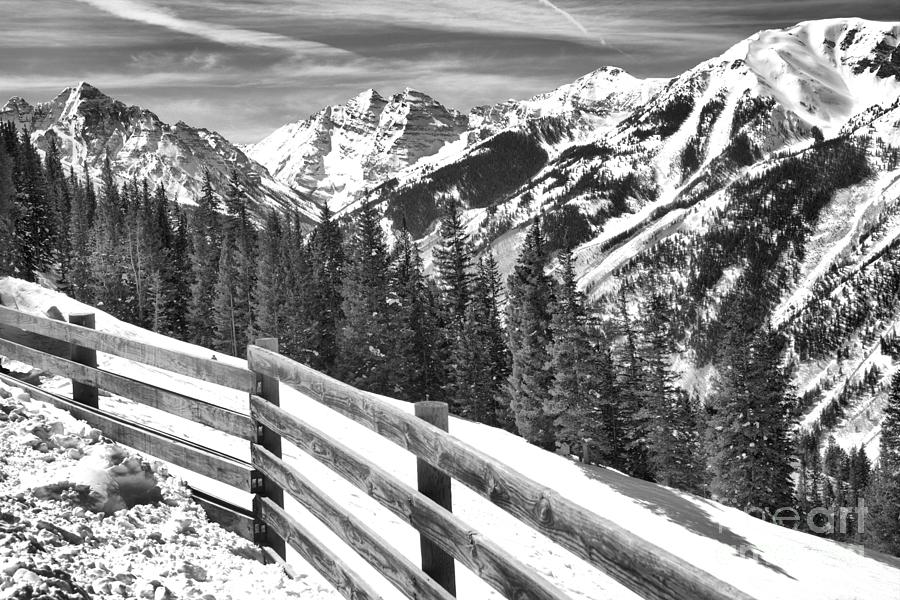 Maroon Bells Over THe Snow Fence Black And White Photograph by Adam Jewell