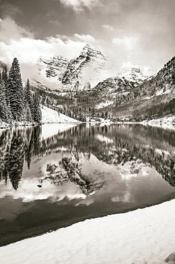 Maroon Bells Winter Peaks in Sepia Photograph by Gregory Ballos