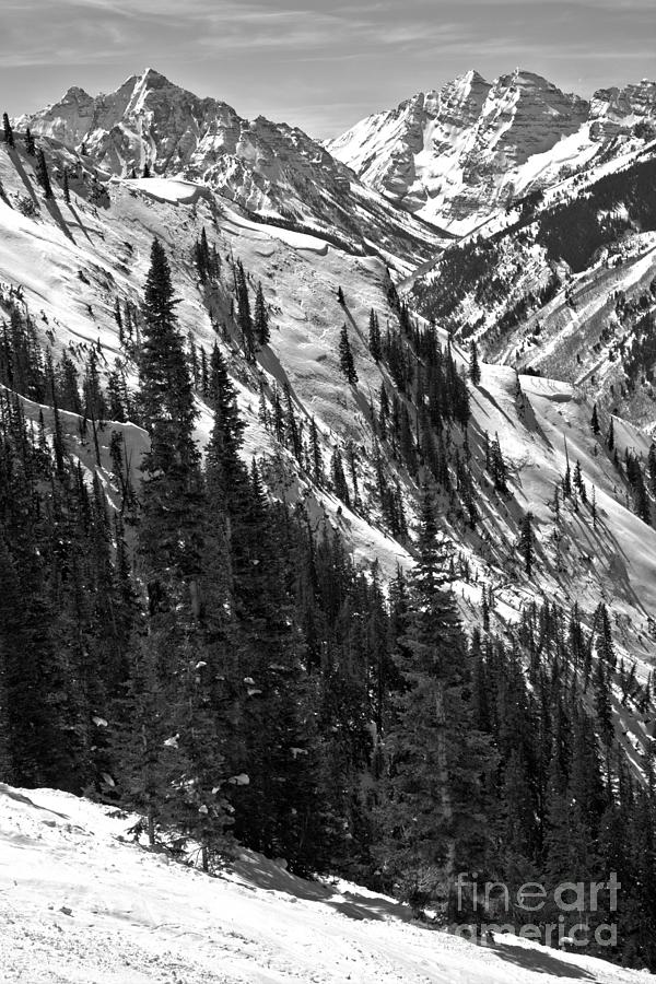 Maroon Bells Winter Portrait Black And White Photograph by Adam Jewell