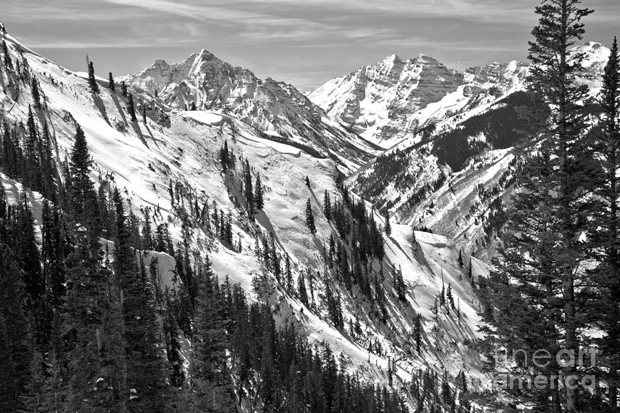 Maroon Bells Winter Scene Black And White Photograph by Adam Jewell