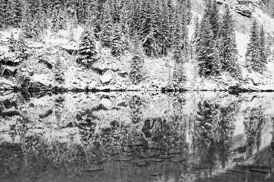 Maroon Lake Winter Reflections - Aspen Colorado Monochrome Photograph by Gregory Ballos