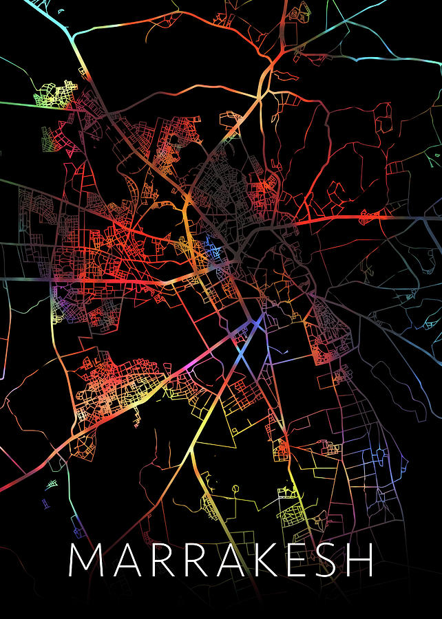 City Mixed Media - Marrakesh Morocco Watercolor City Street Map Dark Mode by Design Turnpike