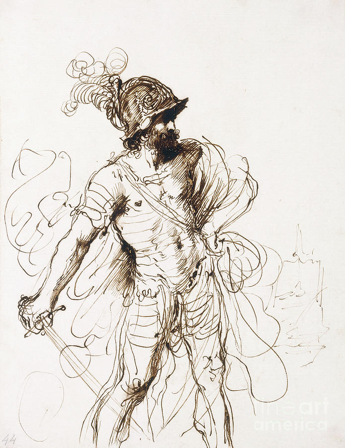 Mars, His Sword Drawn, Turned To The Right Drawing by Guercino - Fine ...